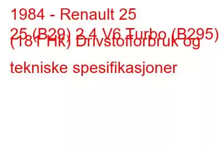 1984 - Renault 25
25 (B29) 2.4 V6 Turbo (B295) (181 Hk) Drivstofforbruk og tekniske spesifikasjoner