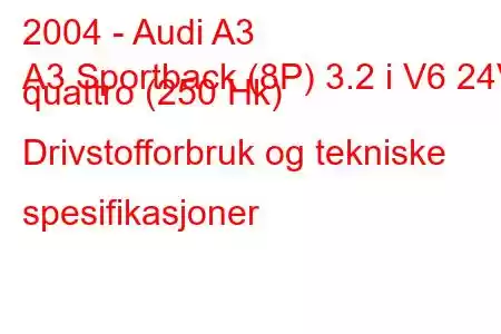 2004 - Audi A3
A3 Sportback (8P) 3.2 i V6 24V quattro (250 Hk) Drivstofforbruk og tekniske spesifikasjoner