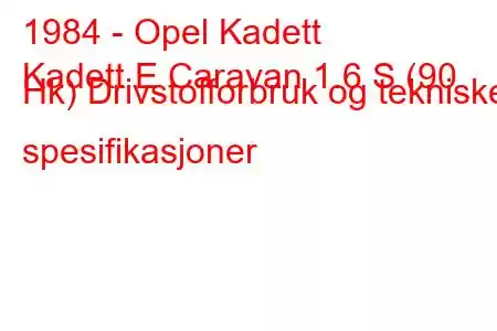 1984 - Opel Kadett
Kadett E Caravan 1.6 S (90 Hk) Drivstofforbruk og tekniske spesifikasjoner