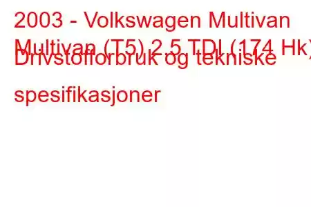 2003 - Volkswagen Multivan
Multivan (T5) 2,5 TDI (174 Hk) Drivstofforbruk og tekniske spesifikasjoner