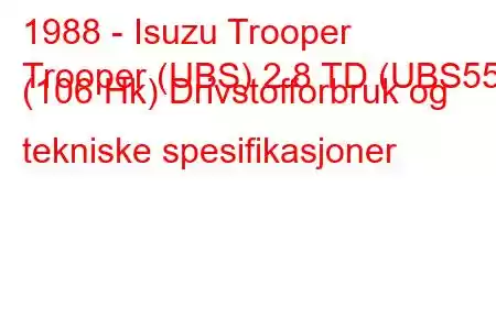 1988 - Isuzu Trooper
Trooper (UBS) 2.8 TD (UBS55) (106 Hk) Drivstofforbruk og tekniske spesifikasjoner