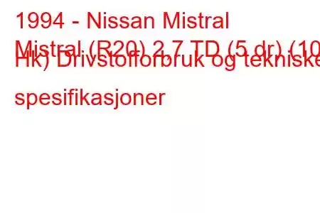 1994 - Nissan Mistral
Mistral (R20) 2,7 TD (5 dr) (100 Hk) Drivstofforbruk og tekniske spesifikasjoner