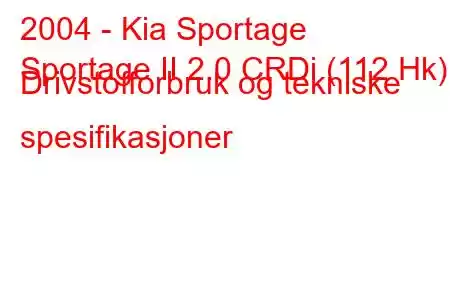 2004 - Kia Sportage
Sportage II 2.0 CRDi (112 Hk) Drivstofforbruk og tekniske spesifikasjoner