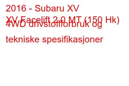 2016 - Subaru XV
XV Facelift 2.0 MT (150 Hk) 4WD drivstoffforbruk og tekniske spesifikasjoner