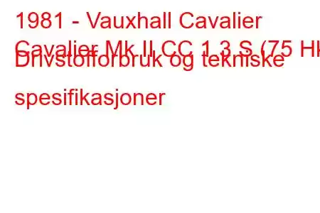 1981 - Vauxhall Cavalier
Cavalier Mk II CC 1.3 S (75 Hk) Drivstofforbruk og tekniske spesifikasjoner