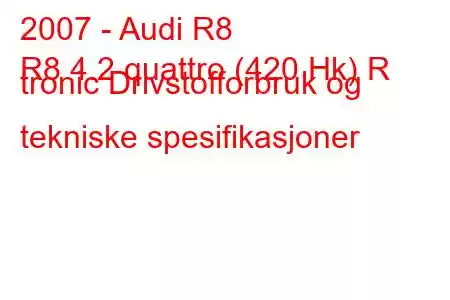 2007 - Audi R8
R8 4.2 quattro (420 Hk) R tronic Drivstofforbruk og tekniske spesifikasjoner