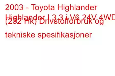 2003 - Toyota Highlander
Highlander I 3.3 i V6 24V 4WD (232 Hk) Drivstofforbruk og tekniske spesifikasjoner