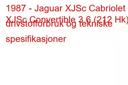 1987 - Jaguar XJSc Cabriolet
XJSc Convertible 3.6 (212 Hk) drivstofforbruk og tekniske spesifikasjoner