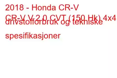 2018 - Honda CR-V
CR-V V 2.0 CVT (150 Hk) 4x4 drivstofforbruk og tekniske spesifikasjoner