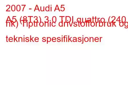 2007 - Audi A5
A5 (8T3) 3.0 TDI quattro (240 hk) Tiptronic drivstofforbruk og tekniske spesifikasjoner