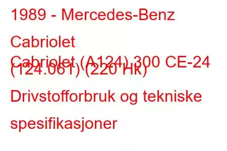 1989 - Mercedes-Benz Cabriolet
Cabriolet (A124) 300 CE-24 (124.061) (220 Hk) Drivstofforbruk og tekniske spesifikasjoner