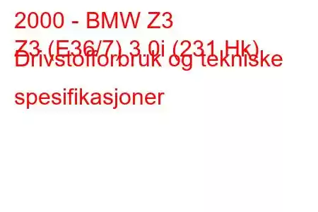 2000 - BMW Z3
Z3 (E36/7) 3.0i (231 Hk) Drivstofforbruk og tekniske spesifikasjoner