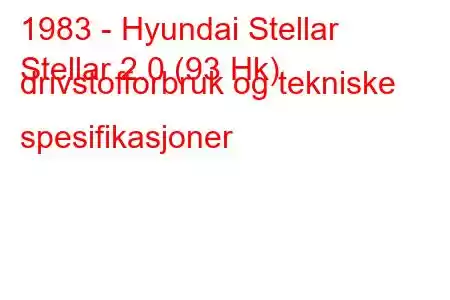 1983 - Hyundai Stellar
Stellar 2.0 (93 Hk) drivstofforbruk og tekniske spesifikasjoner