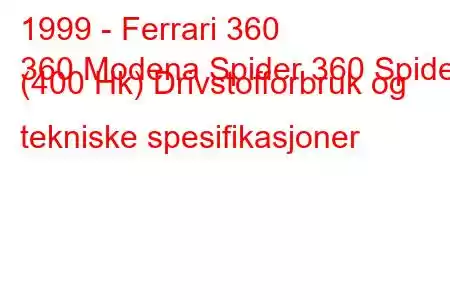 1999 - Ferrari 360
360 Modena Spider 360 Spider (400 Hk) Drivstofforbruk og tekniske spesifikasjoner