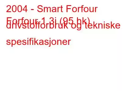 2004 - Smart Forfour
Forfour 1.3i (95 hk) drivstofforbruk og tekniske spesifikasjoner