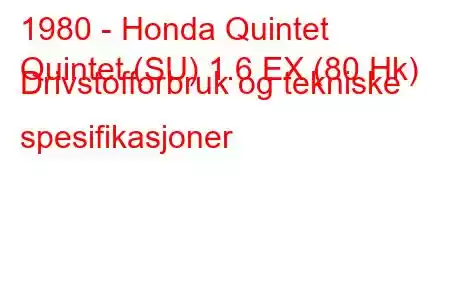 1980 - Honda Quintet
Quintet (SU) 1.6 EX (80 Hk) Drivstofforbruk og tekniske spesifikasjoner