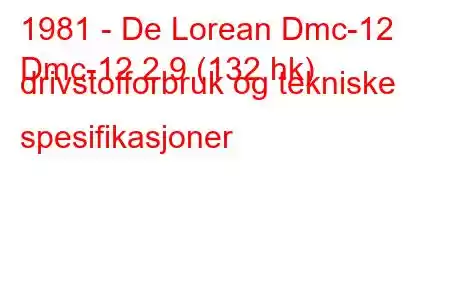 1981 - De Lorean Dmc-12
Dmc-12 2,9 (132 hk) drivstofforbruk og tekniske spesifikasjoner