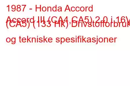 1987 - Honda Accord
Accord III (CA4,CA5) 2.0 i 16V (CA5) (133 Hk) Drivstofforbruk og tekniske spesifikasjoner