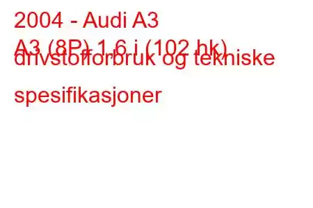 2004 - Audi A3
A3 (8P) 1,6 i (102 hk) drivstofforbruk og tekniske spesifikasjoner