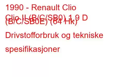 1990 - Renault Clio
Clio II (B/C/SB0) 1,9 D (B/C/SB0E) (64 Hk) Drivstofforbruk og tekniske spesifikasjoner