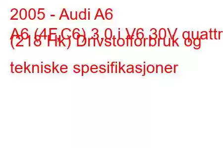 2005 - Audi A6
A6 (4F,C6) 3.0 i V6 30V quattro (218 Hk) Drivstofforbruk og tekniske spesifikasjoner