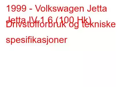 1999 - Volkswagen Jetta
Jetta IV 1.6 (100 Hk) Drivstofforbruk og tekniske spesifikasjoner