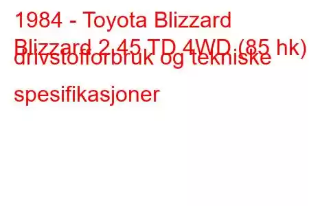 1984 - Toyota Blizzard
Blizzard 2.45 TD 4WD (85 hk) drivstofforbruk og tekniske spesifikasjoner