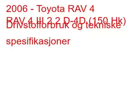 2006 - Toyota RAV 4
RAV 4 III 2.2 D-4D (150 Hk) Drivstofforbruk og tekniske spesifikasjoner