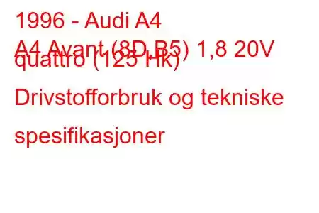 1996 - Audi A4
A4 Avant (8D,B5) 1,8 20V quattro (125 Hk) Drivstofforbruk og tekniske spesifikasjoner