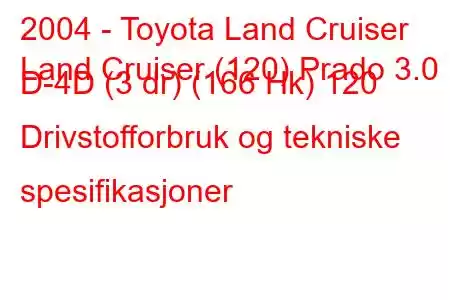 2004 - Toyota Land Cruiser
Land Cruiser (120) Prado 3.0 D-4D (3 dr) (166 Hk) 120 Drivstofforbruk og tekniske spesifikasjoner