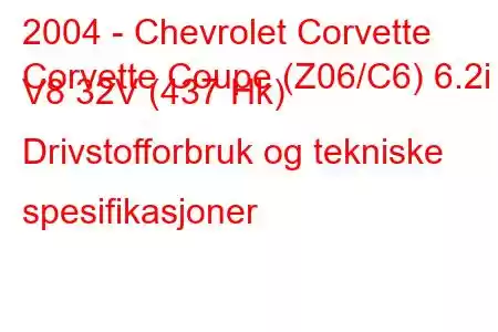 2004 - Chevrolet Corvette
Corvette Coupe (Z06/C6) 6.2i V8 32V (437 Hk) Drivstofforbruk og tekniske spesifikasjoner