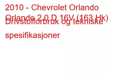 2010 - Chevrolet Orlando
Orlando 2.0 D 16V (163 Hk) Drivstofforbruk og tekniske spesifikasjoner