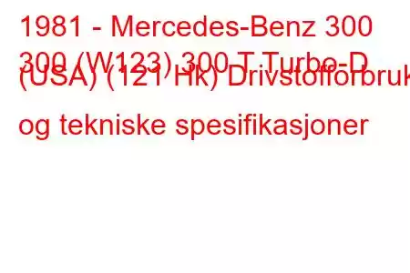 1981 - Mercedes-Benz 300
300 (W123) 300 T Turbo-D (USA) (121 Hk) Drivstofforbruk og tekniske spesifikasjoner