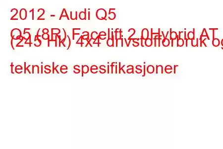 2012 - Audi Q5
Q5 (8R) Facelift 2.0Hybrid AT (245 Hk) 4x4 drivstofforbruk og tekniske spesifikasjoner