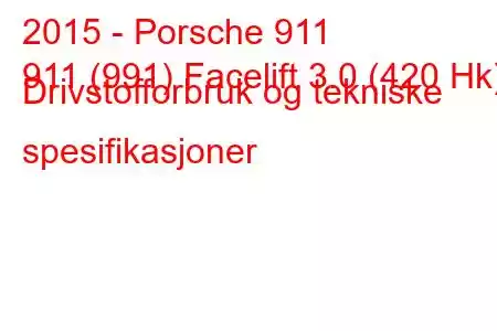 2015 - Porsche 911
911 (991) Facelift 3.0 (420 Hk) Drivstofforbruk og tekniske spesifikasjoner