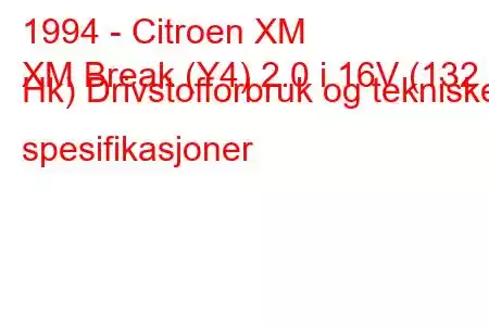 1994 - Citroen XM
XM Break (Y4) 2.0 i 16V (132 Hk) Drivstofforbruk og tekniske spesifikasjoner