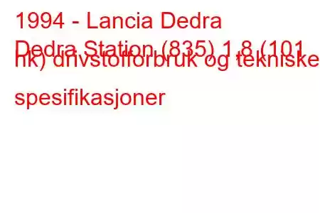 1994 - Lancia Dedra
Dedra Station (835) 1,8 (101 hk) drivstofforbruk og tekniske spesifikasjoner