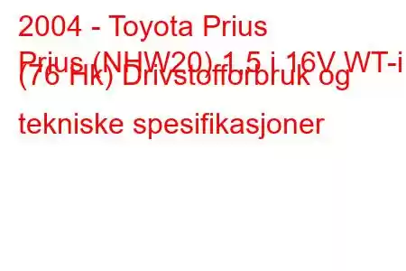 2004 - Toyota Prius
Prius (NHW20) 1,5 i 16V WT-i (76 Hk) Drivstofforbruk og tekniske spesifikasjoner