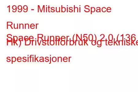 1999 - Mitsubishi Space Runner
Space Runner (N50) 2.0 (136 Hk) Drivstofforbruk og tekniske spesifikasjoner