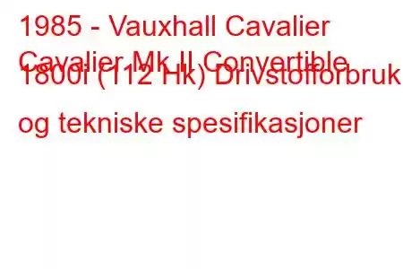 1985 - Vauxhall Cavalier
Cavalier Mk II Convertible 1800i (112 Hk) Drivstofforbruk og tekniske spesifikasjoner