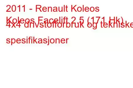 2011 - Renault Koleos
Koleos Facelift 2.5 (171 Hk) 4x4 drivstofforbruk og tekniske spesifikasjoner