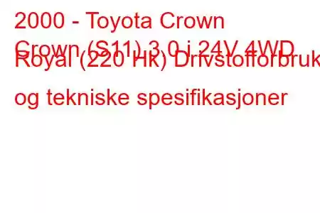 2000 - Toyota Crown
Crown (S11) 3.0 i 24V 4WD Royal (220 Hk) Drivstofforbruk og tekniske spesifikasjoner