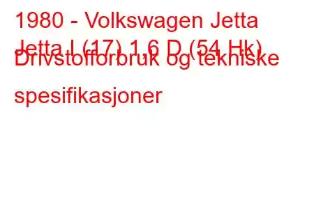 1980 - Volkswagen Jetta
Jetta I (17) 1,6 D (54 Hk) Drivstofforbruk og tekniske spesifikasjoner