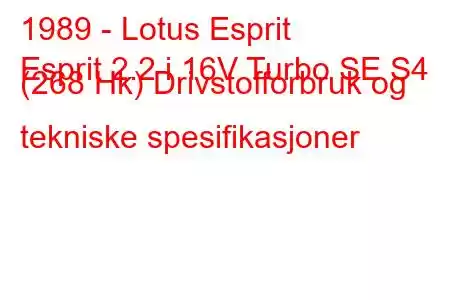 1989 - Lotus Esprit
Esprit 2.2 i 16V Turbo SE S4 (268 Hk) Drivstofforbruk og tekniske spesifikasjoner