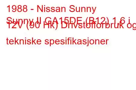 1988 - Nissan Sunny
Sunny II GA15DE (B12) 1,6 i 12V (90 Hk) Drivstofforbruk og tekniske spesifikasjoner