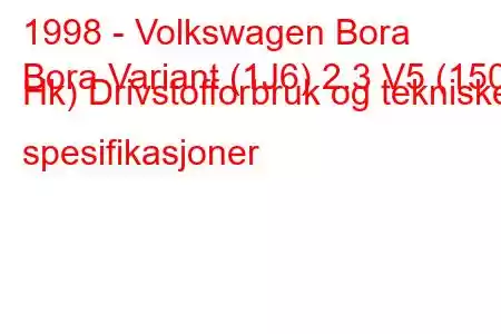 1998 - Volkswagen Bora
Bora Variant (1J6) 2.3 V5 (150 Hk) Drivstofforbruk og tekniske spesifikasjoner