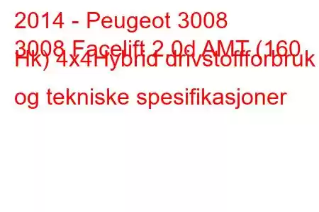 2014 - Peugeot 3008
3008 Facelift 2.0d AMT (160 Hk) 4x4Hybrid drivstoffforbruk og tekniske spesifikasjoner