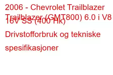 2006 - Chevrolet Trailblazer
Trailblazer (GMT800) 6.0 i V8 16V SS (400 Hk) Drivstofforbruk og tekniske spesifikasjoner