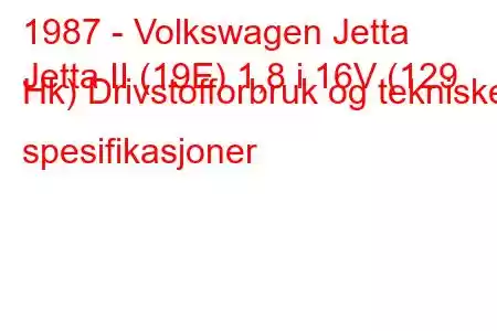 1987 - Volkswagen Jetta
Jetta II (19E) 1,8 i 16V (129 Hk) Drivstofforbruk og tekniske spesifikasjoner