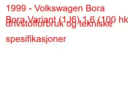 1999 - Volkswagen Bora
Bora Variant (1J6) 1,6 (100 hk) drivstofforbruk og tekniske spesifikasjoner